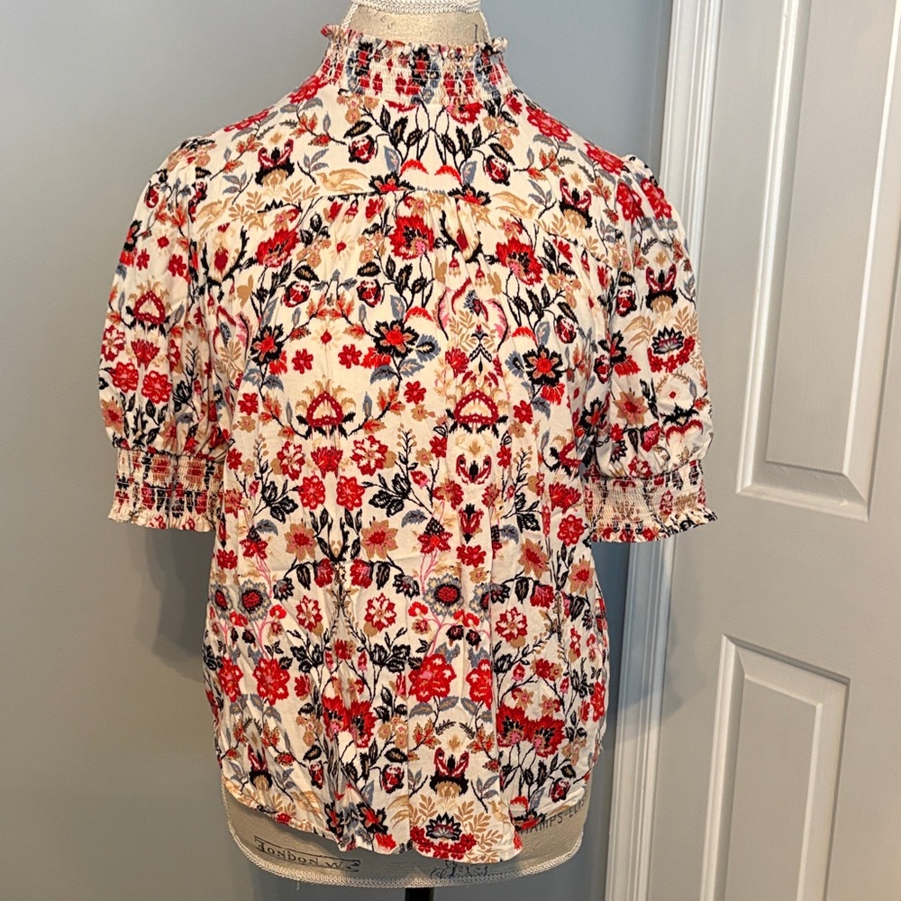 LOFT Floral Blouse - Red and Black on Cream